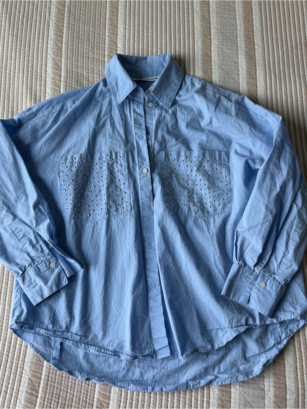 Zara Light Blue Studded Pocket Casual Button-Down Shirt